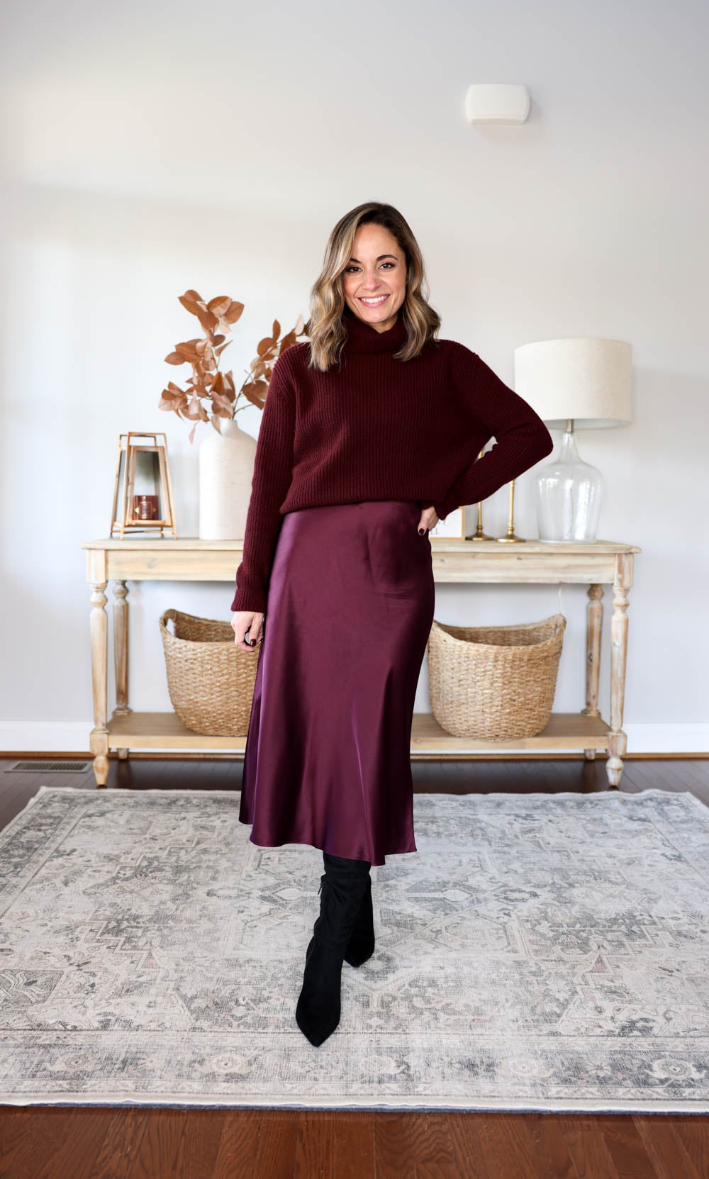Cozy Elegance: Burgundy Turtleneck and Satin Midi Skirt Cozy Elegance: Burgundy Turtleneck and Satin Midi Skirt — Dressy Outfits