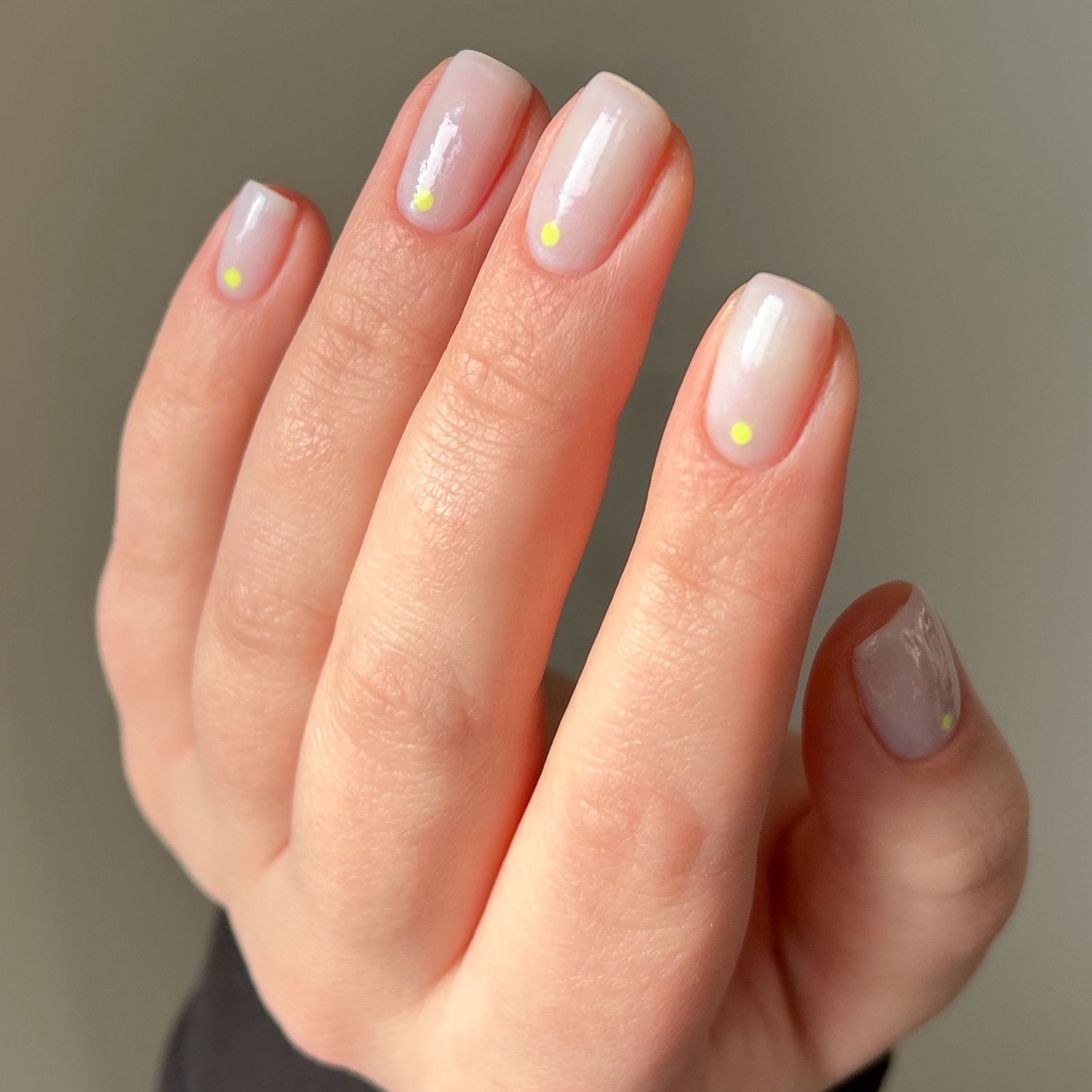 Milky White Squoval with Yellow Dot Accents Milky White Squoval with Yellow Dot Accents — Squoval Nails