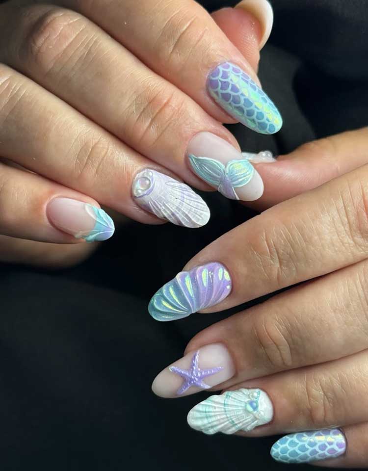 3D Ocean Scale Almond Nails 3D Ocean Scale Almond Nails — Mermaid Nails