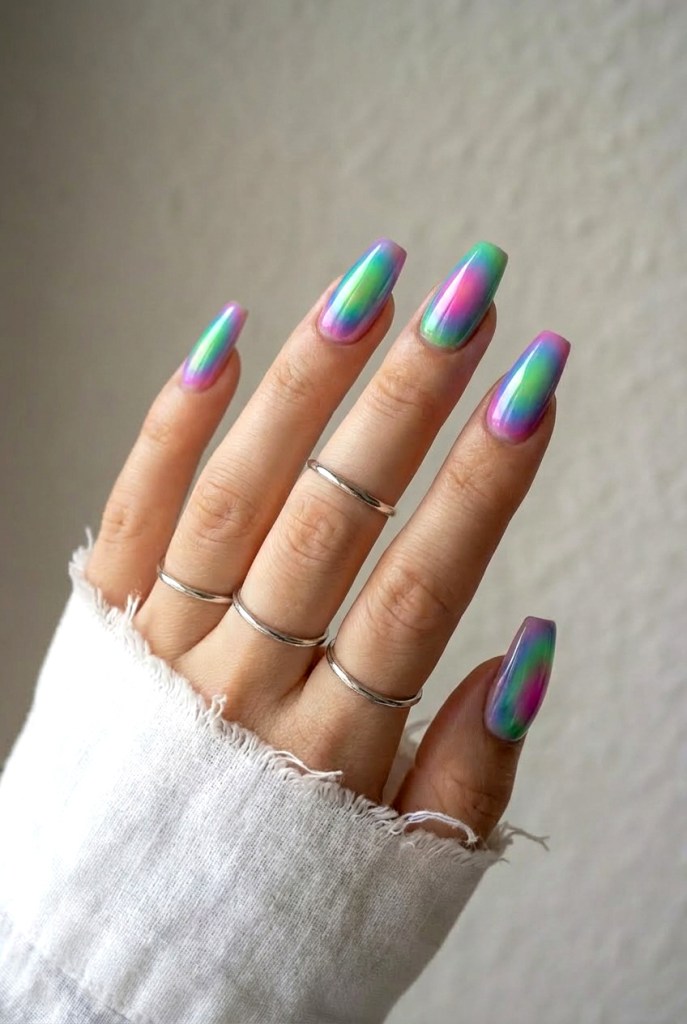 Iridescent Chrome Aura Coffin Nails — Aura Nails