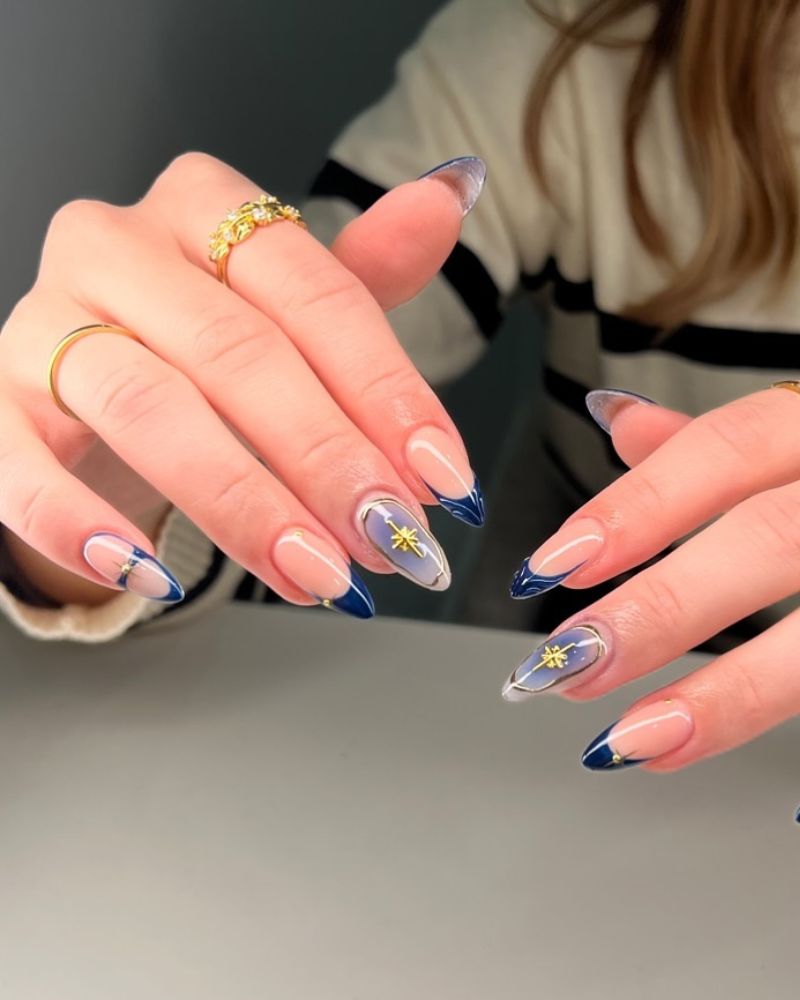 Navy French Stiletto with Celestial Accents — Blue French Tip Nails