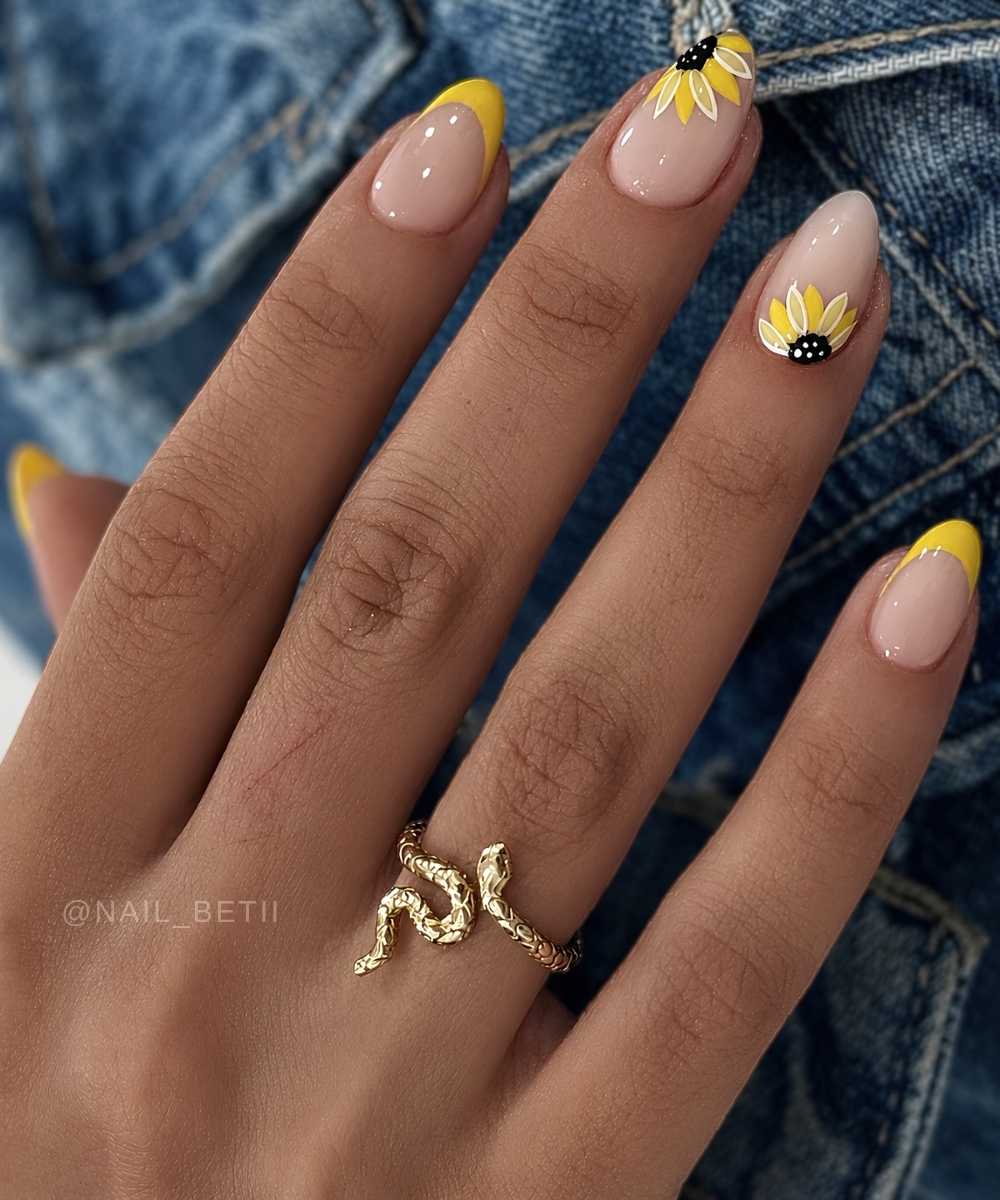 Nude Almond with Yellow French and Sunflowers — Nail Designs
