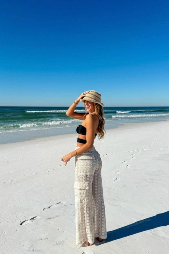 Black Bikini Top with White Crocheted Lace Wide-Leg Pants Black Bikini Top with White Crocheted Lace Wide-Leg Pants — Miami Outfits