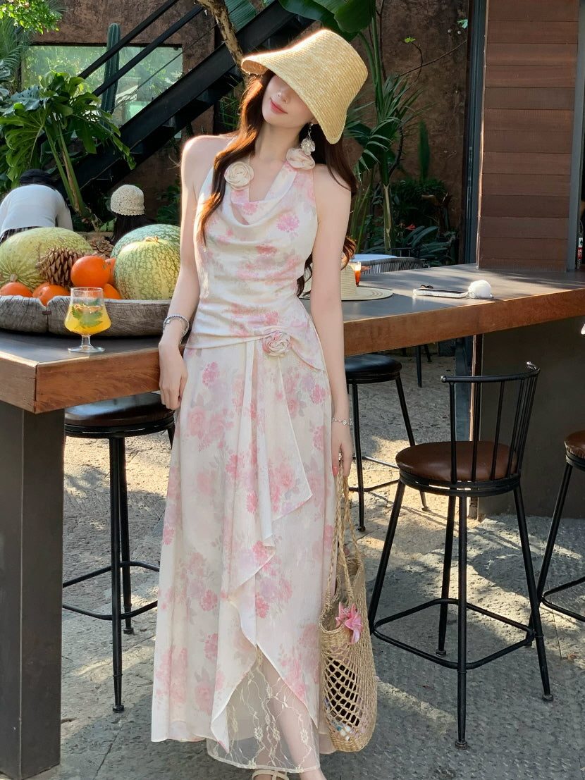Light Pink Sheer Chiffon Midi Dress with Floral Appliques — Fairycore Outfits