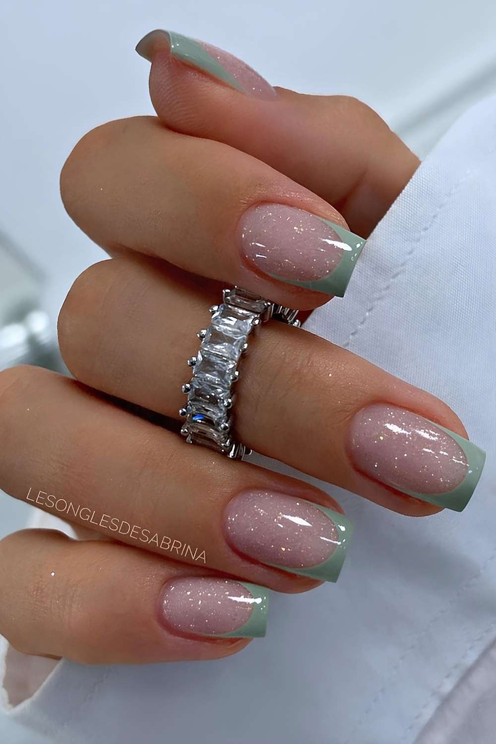 Glossy With Fine Glitter Glittery Sage Green French Tips Glossy With Fine Glitter Glittery Sage Green French Tips — Sage Green Nails