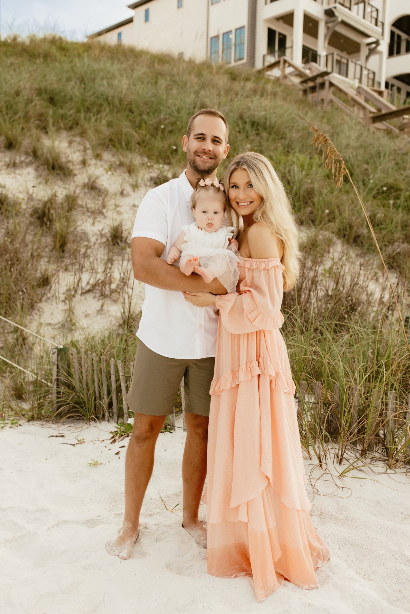 Coastal Charm: Tiered Peach Off-the-Shoulder Maxi Dress Family Portrait Coastal Charm: Tiered Peach Off-the-Shoulder Maxi Dress Family Portrait — Family Photo Outfits