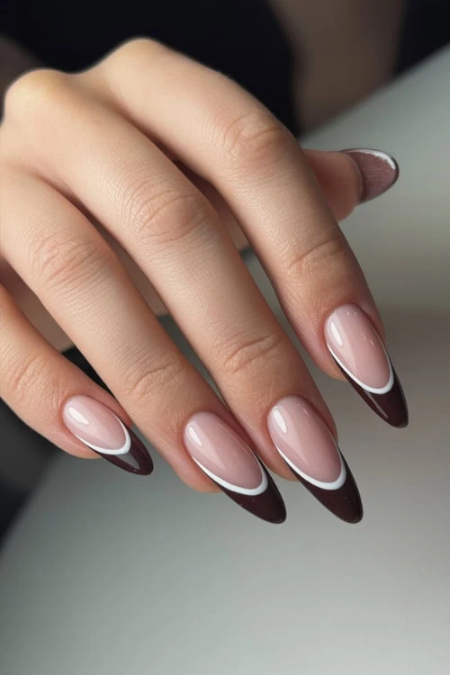 Edgy Brown and White Double French Stilettos — Double French Nails