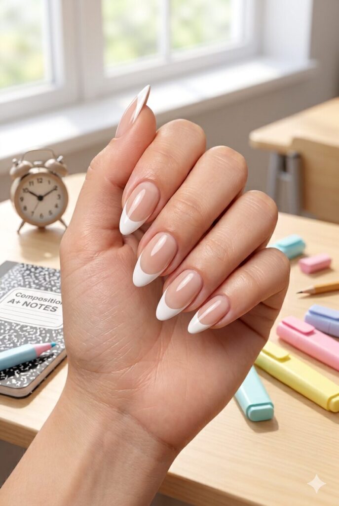 Milky Pink Classic French Almond Nails — Nails for Teens