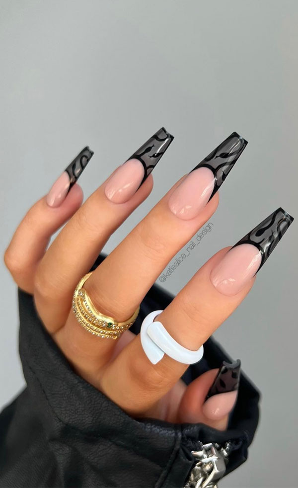 Glossy Sheer Black Flame French Tips Glossy Sheer Black Flame French Tips — Black French Tip Nails