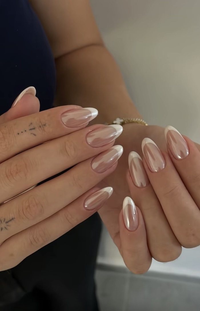 Glossy With Pearlescent Sheen Visual Idea — Almond French Tip Nails