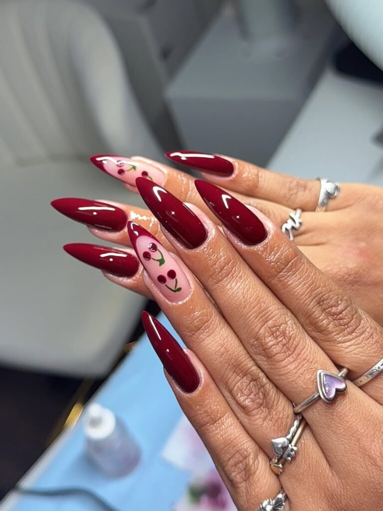 Deep Red Stilettos With Pink Cherry Panels Deep Red Stilettos With Pink Cherry Panels — Cherry Nails
