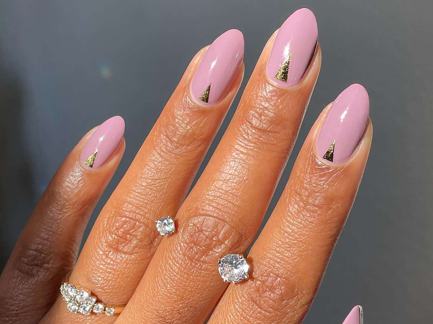 Muted Pink Gold Foil Triangle Nails — Nails for Women Over 60