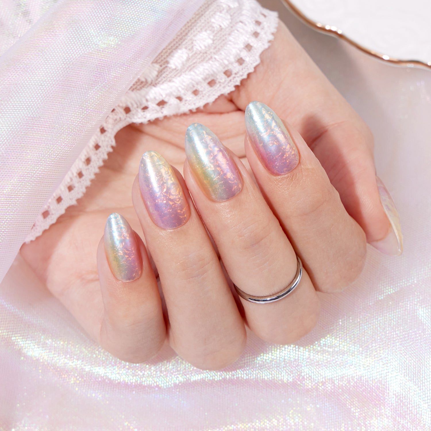 Medium Stiletto Iridescent Chrome Finish — Wedding Nails