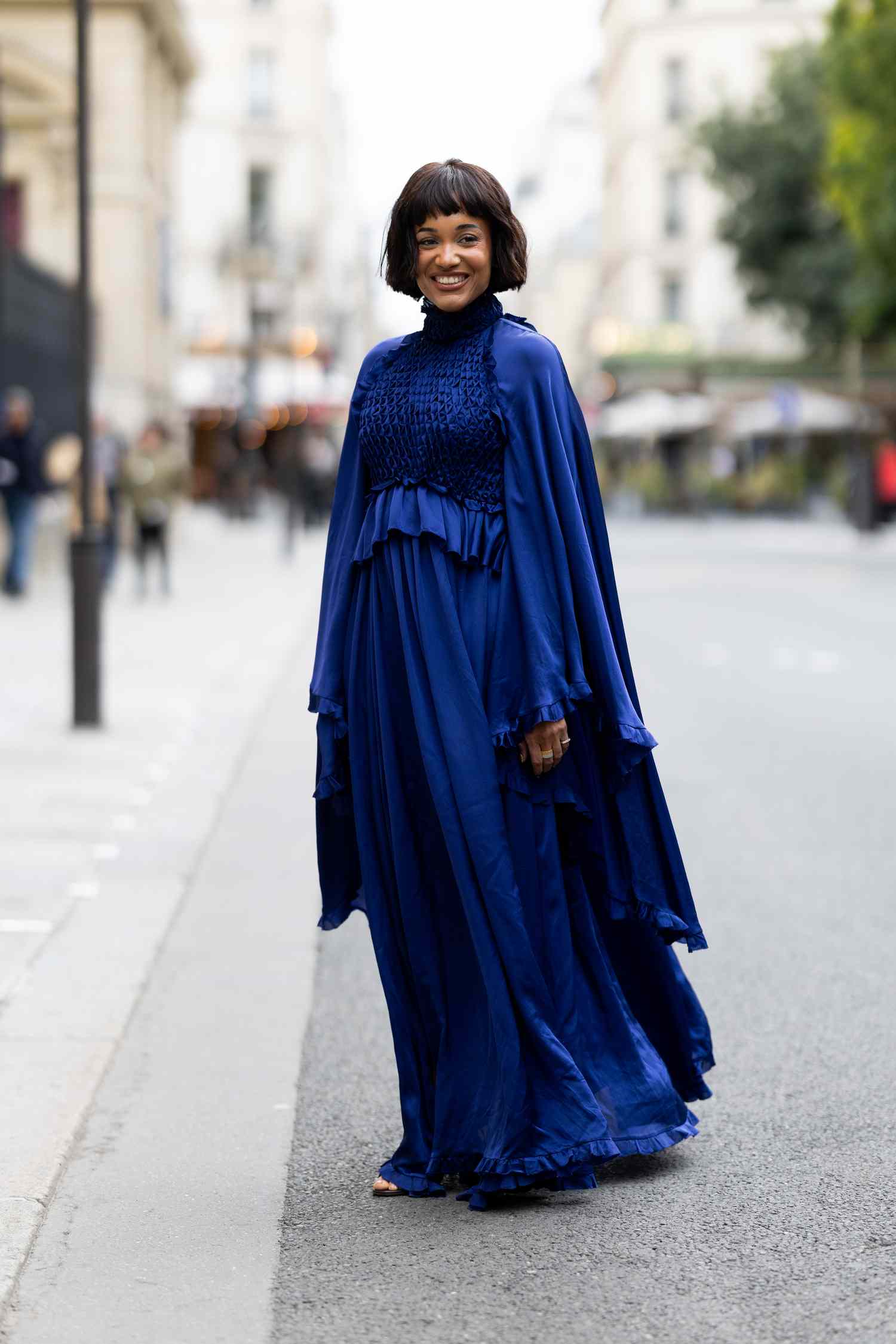 Royal Blue Maxi Dress with Voluminous Cape Overlay — Formal Outfits