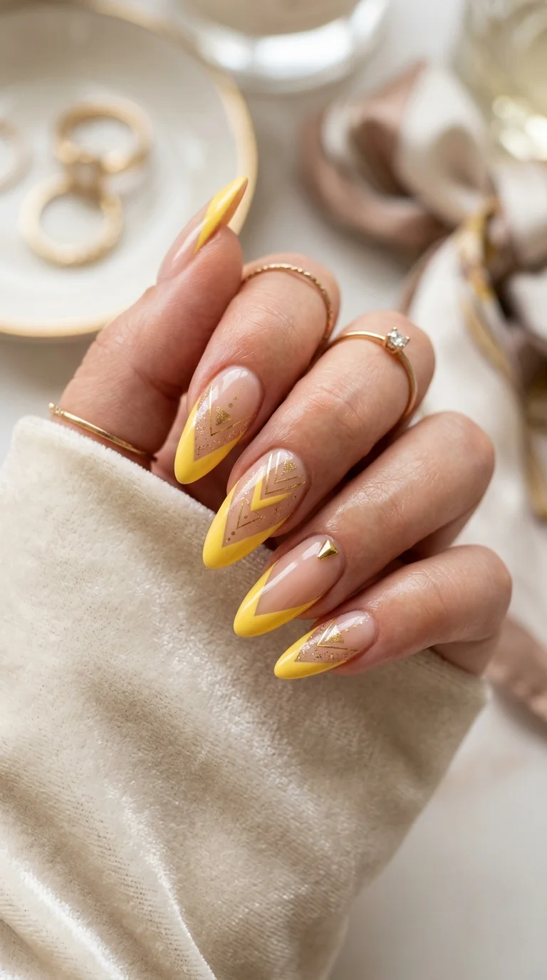 Yellow French Tips with Gold Accents — Yellow Nails