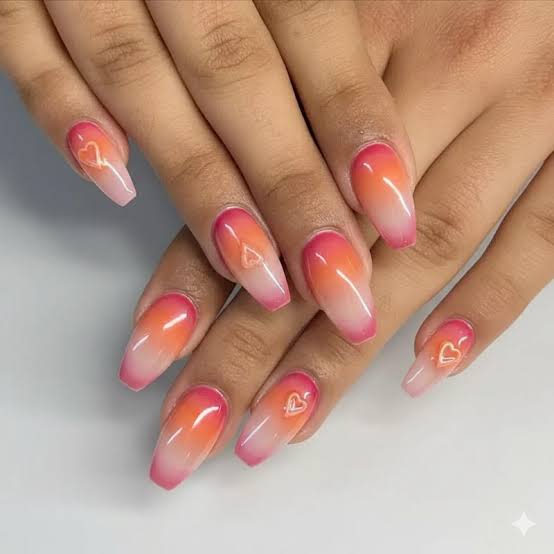 Sweet Pink to Orange Gradient Heart Coffin Nails — Long Acrylic Nails