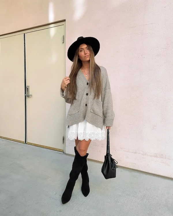 Oversized Cardigan Over Lace-Trim Mini Dress with Knee-High Boots Oversized Cardigan Over Lace-Trim Mini Dress with Knee-High Boots — Casual Date Night Outfits