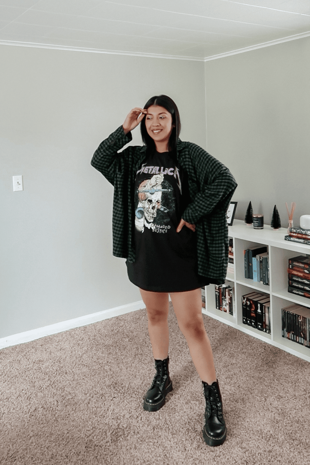 Oversized Plaid Cardigan with Graphic T-Shirt Dress — Grunge Outfits