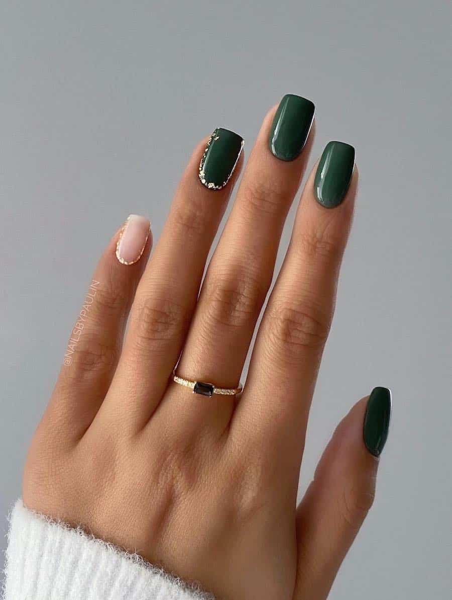 Dark Green Gloss with Nude Foil Accent Dark Green Gloss with Nude Foil Accent — Dark Green Nails
