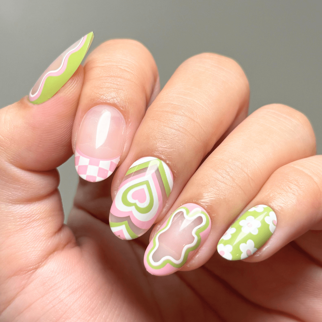 Playful Abstract Heart Checkerboard Stiletto Nails — Press On Nails