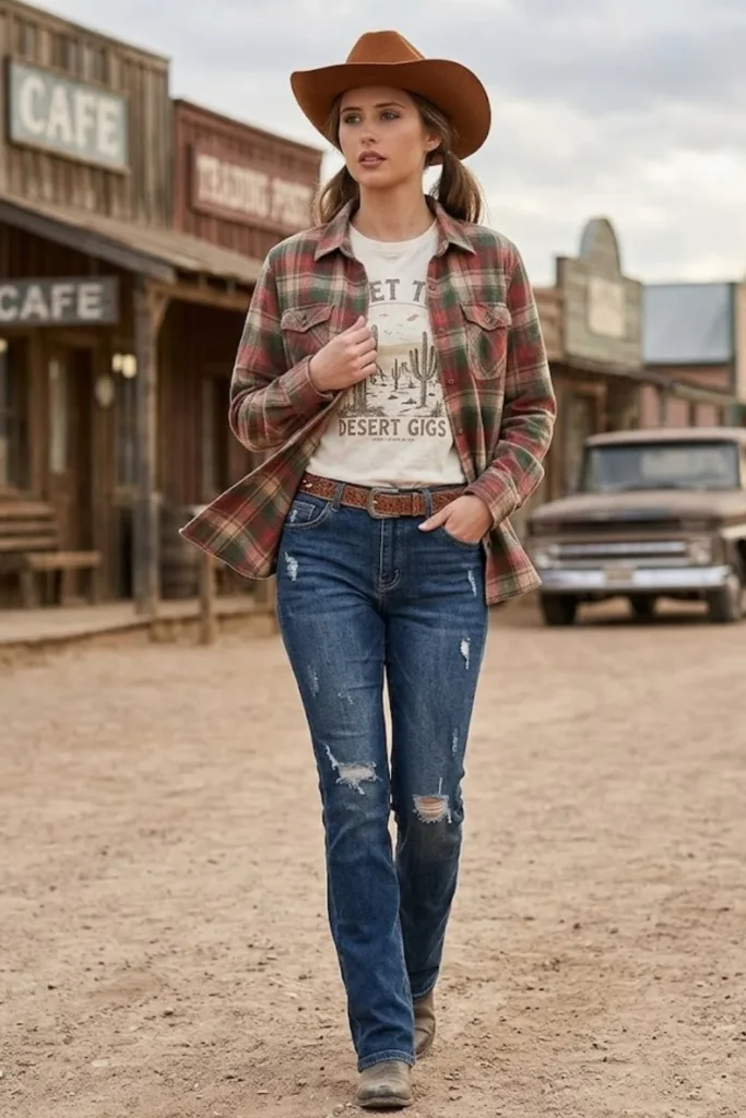Plaid Flannel Shirt over Graphic Tee with Distressed Jeans Plaid Flannel Shirt over Graphic Tee with Distressed Jeans — Western Outfits