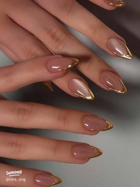 Glossy Visual Idea — Gold French Tip Nails