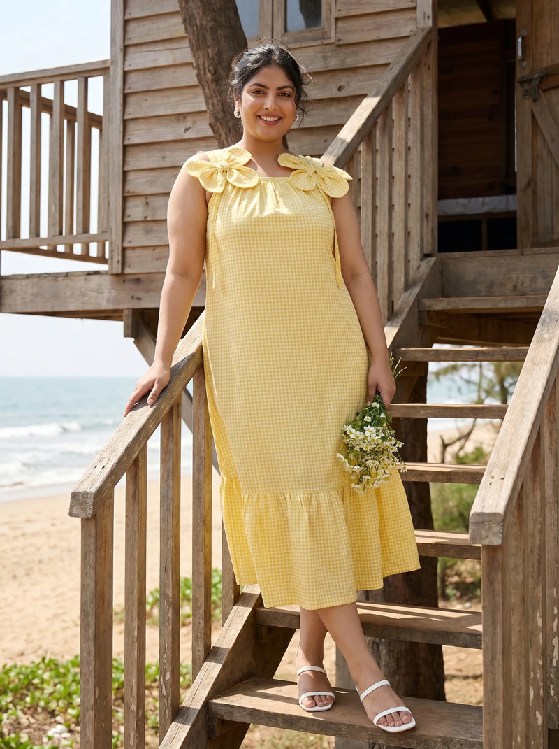Gingham Dress with Floral Shoulder Details for a Casual Birthday Gingham Dress with Floral Shoulder Details for a Casual Birthday — 40th Birthday Outfits