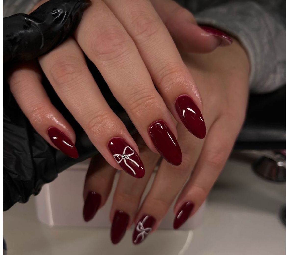 Deep Red White Bow Almond Nails Deep Red White Bow Almond Nails — Bow Nails
