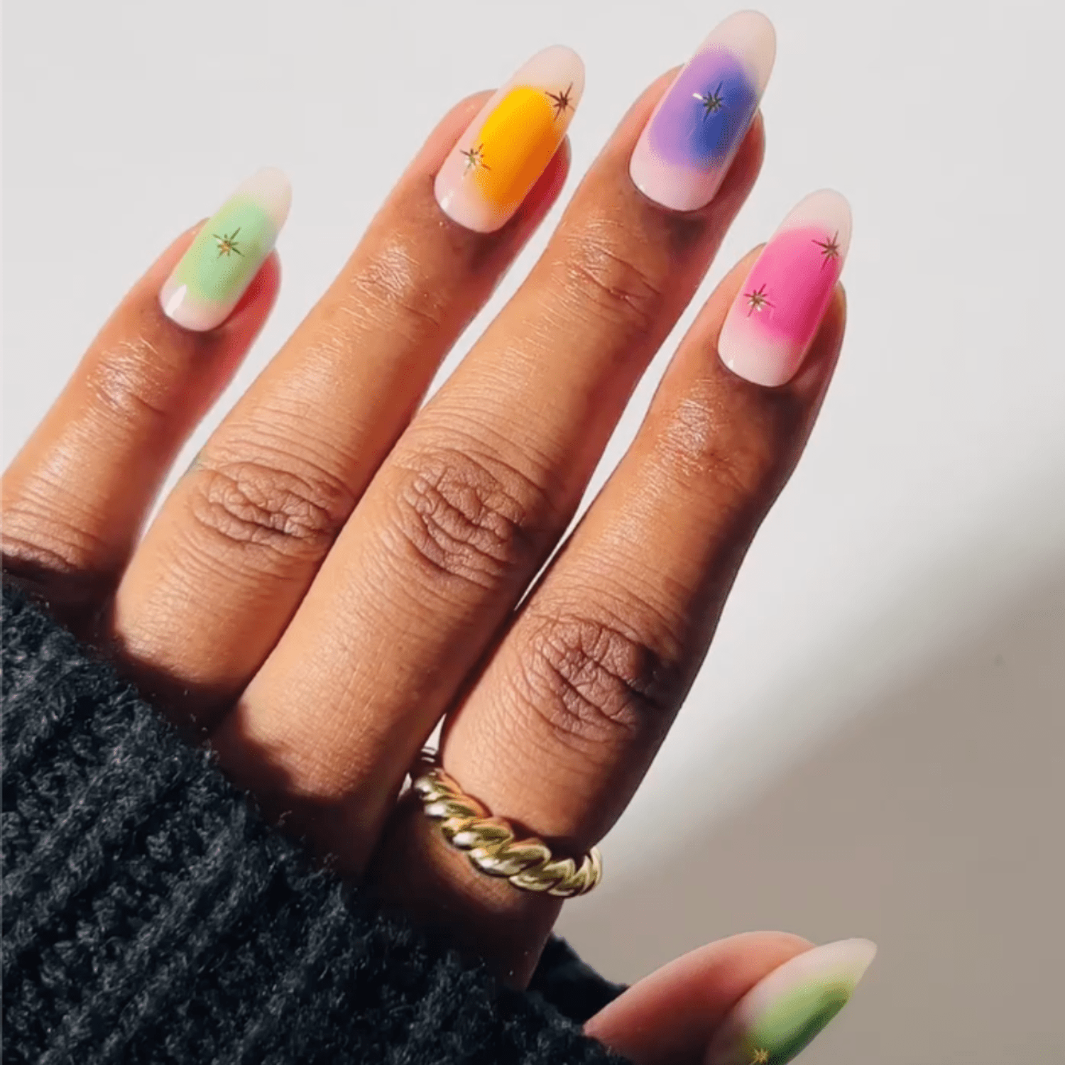 Bright Pink to Orange Gradient Almonds with Stars — Aura Nails