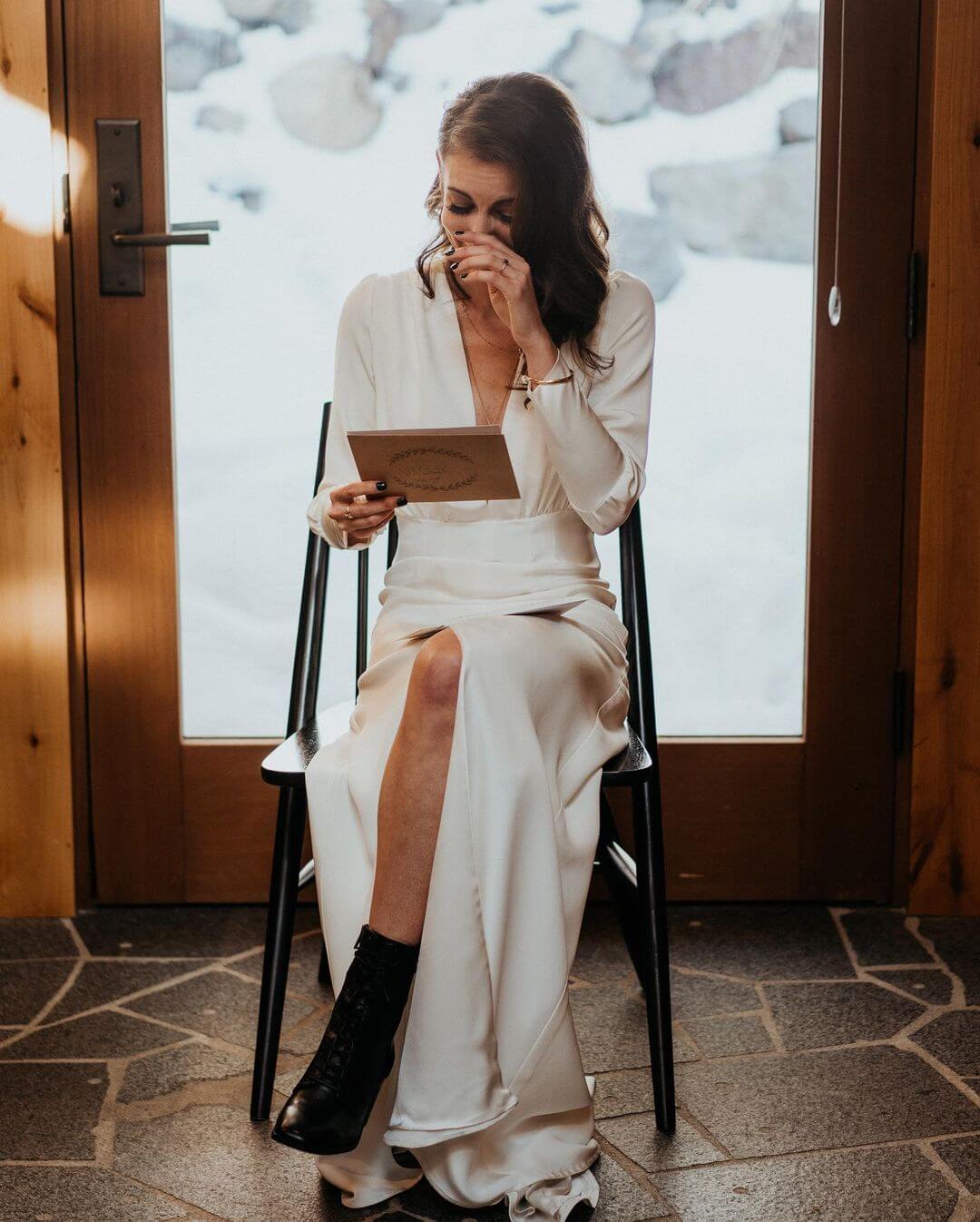 Ivory Satin Long-Sleeved Wrap Dress with High Slit — Rehearsal Dinner Outfits
