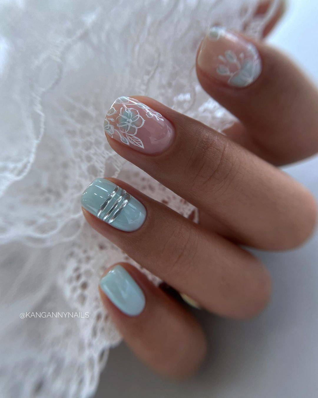Short Oval With Light Blue Floral Accents — Wedding Guest Nails