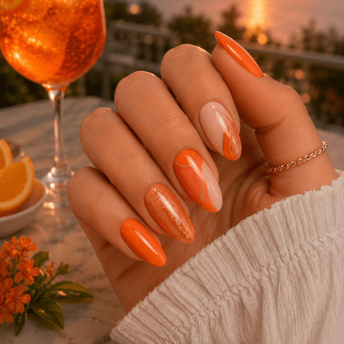 Glossy Glitter Visual Idea — Orange Nails