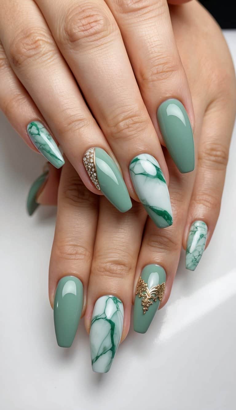 Marble Effect Sage Green Coffin Nails Marble Effect Sage Green Coffin Nails — Sage Green Nails