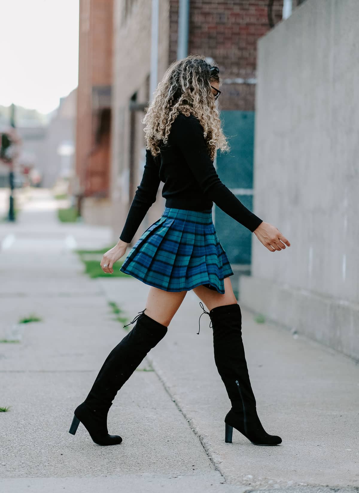 Plaid Pleated Mini Skirt with Over-the-Knee Boots — School Outfits