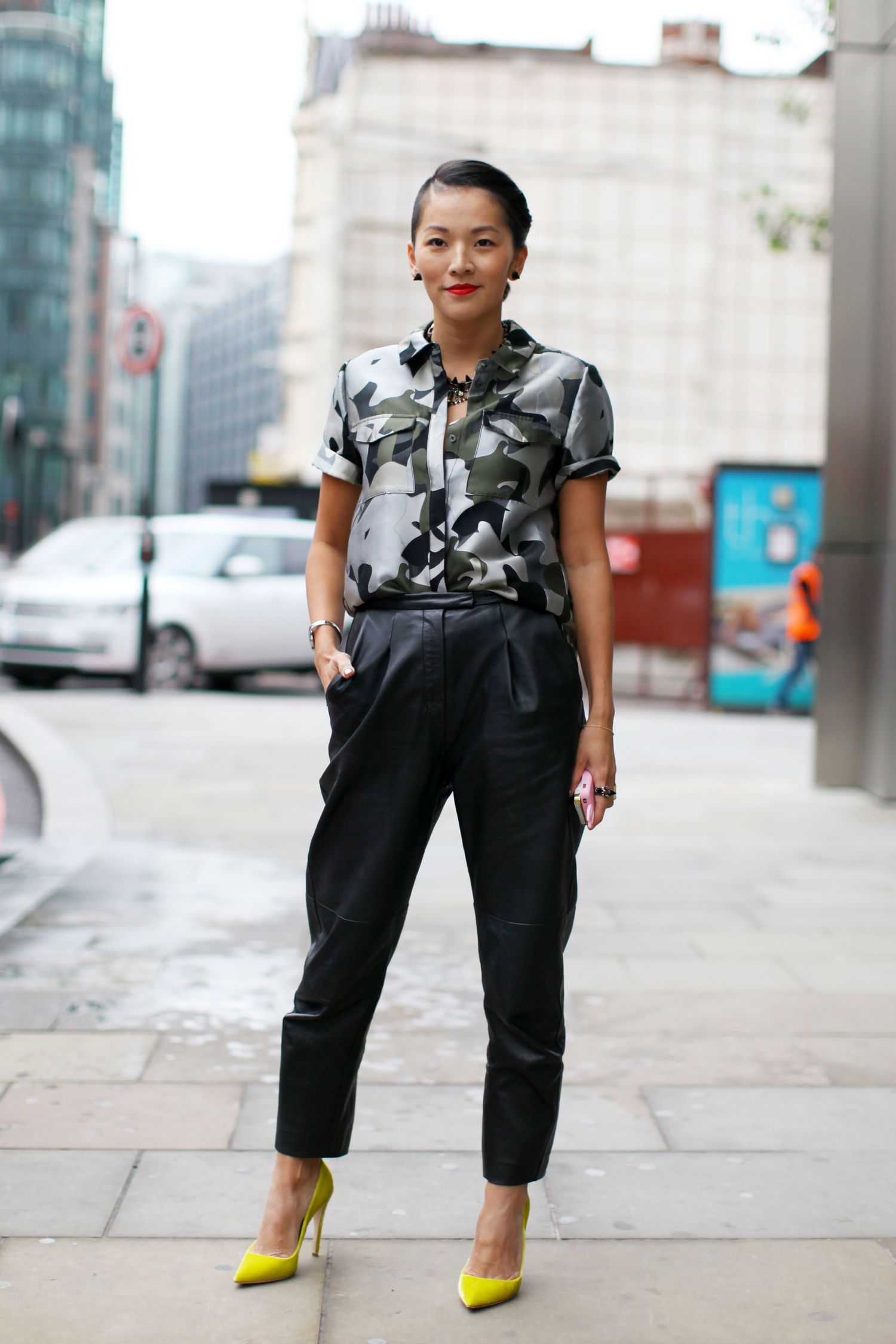Camouflage Print Shirt with Leather-Like Trousers and Bold Heels — Work Outfits