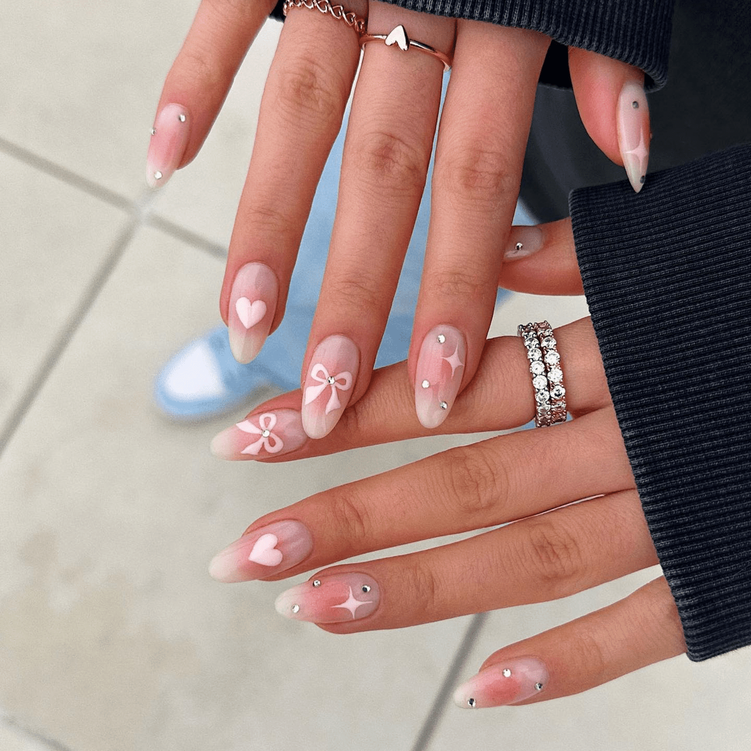 Medium Almond White Heart Bow and Rhinestones Medium Almond White Heart Bow and Rhinestones — Heart Nails