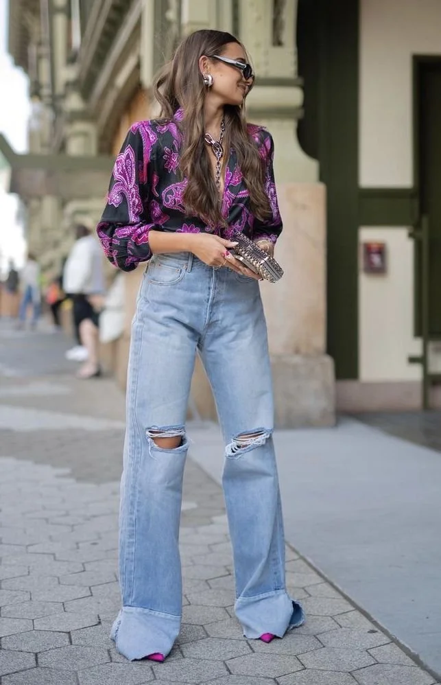 Bold Paisley Print Blouse with Oversized Ripped Jeans for Brunch — Brunch Outfits