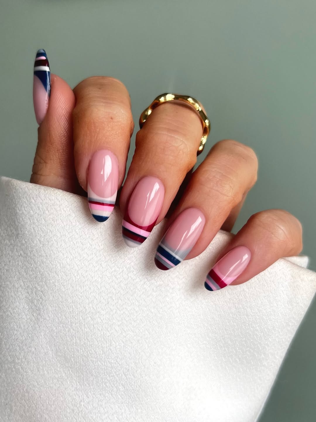 Pink Oval with Multi-Colored Stripe French Tips — Nail Designs