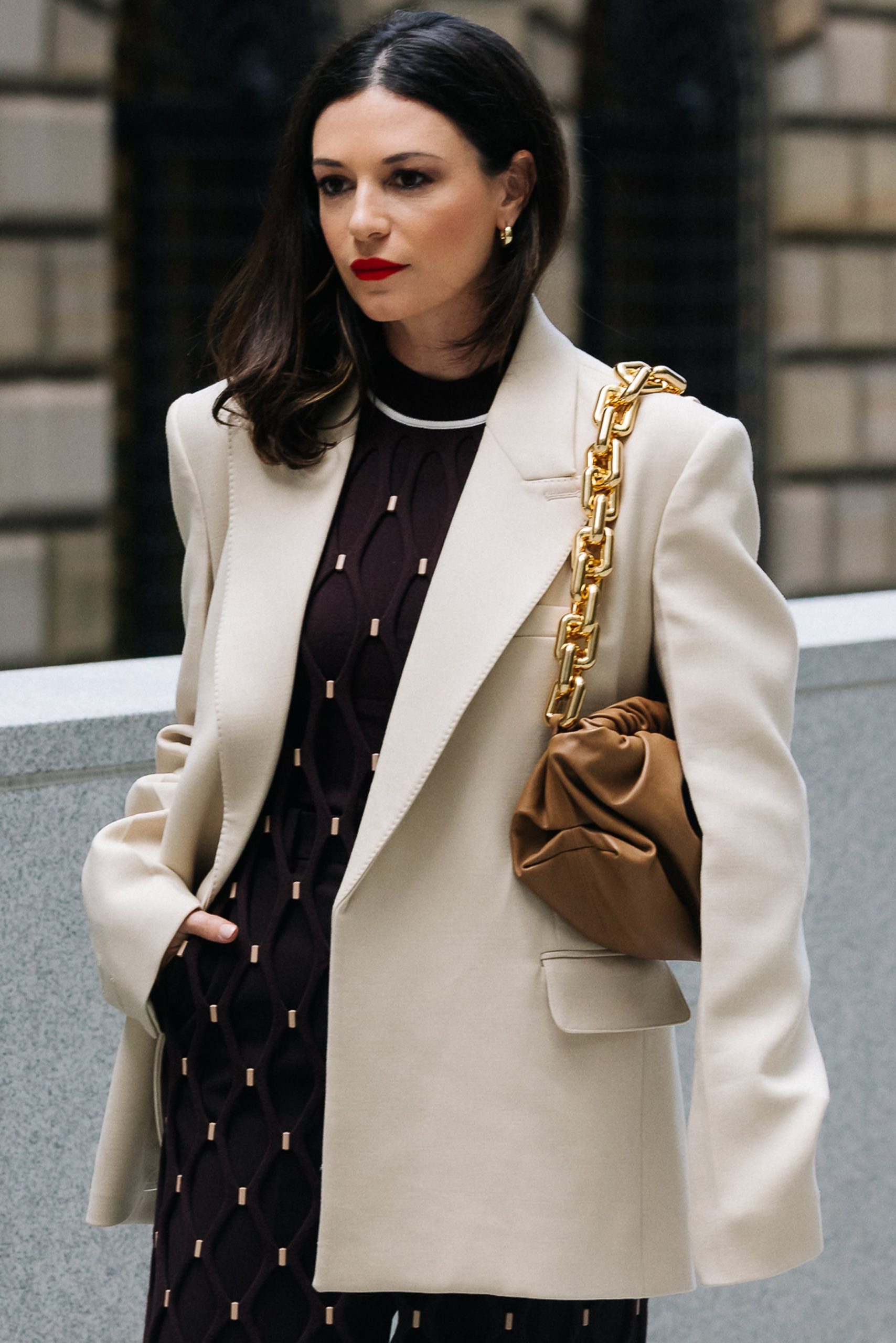 Cream Blazer Over a Dark Brown Knit Dress Cream Blazer Over a Dark Brown Knit Dress — Going Out Outfits