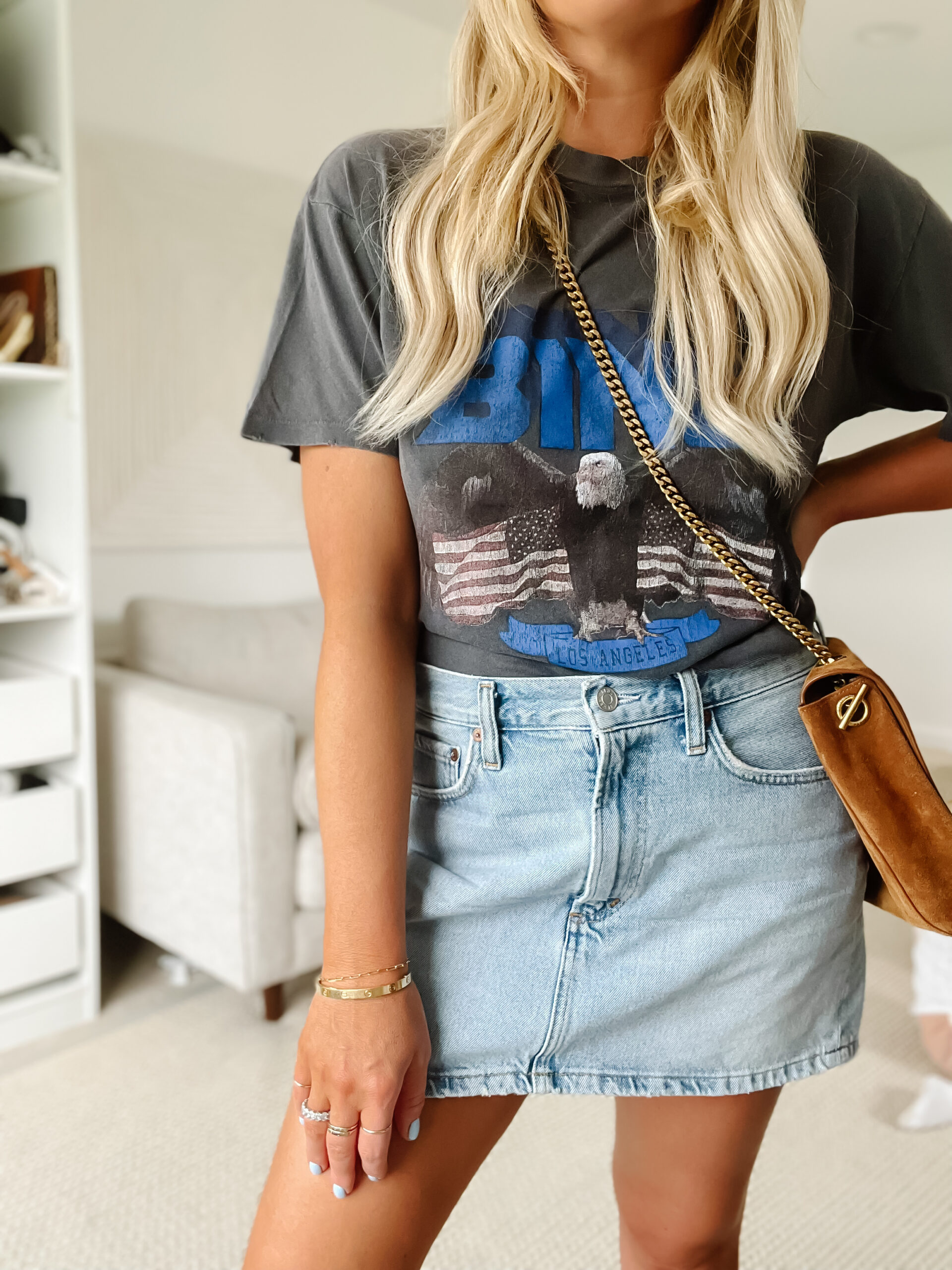 Grey Graphic T-Shirt with Light Blue Denim Mini Skirt — Coastal Cowgirl Outfits