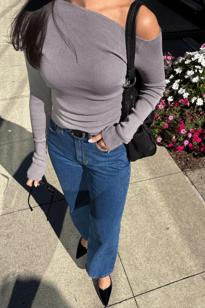 Ribbed Knit Off-the-Shoulder Top with Straight-Leg Jeans Ribbed Knit Off-the-Shoulder Top with Straight-Leg Jeans — Lazy Day Outfits