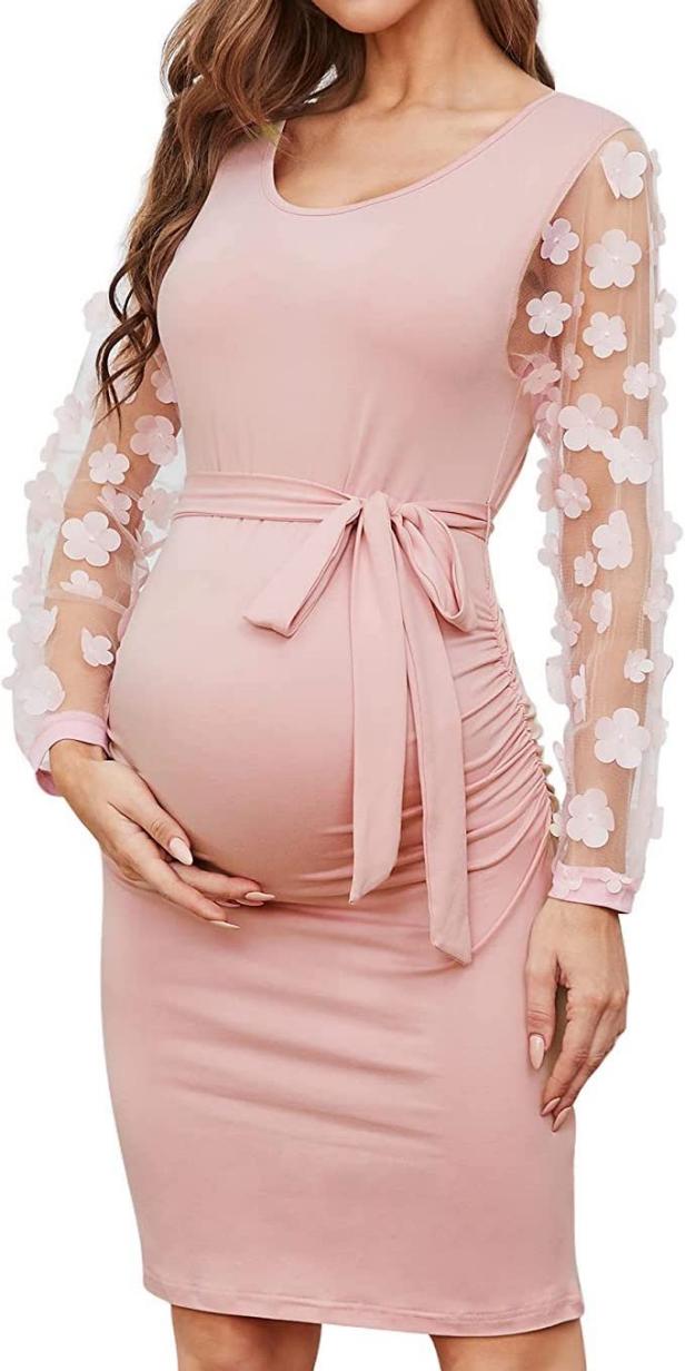 Pink Maternity Dress with Ruched Sides and Floral Sleeves Pink Maternity Dress with Ruched Sides and Floral Sleeves — Baby Shower Outfits