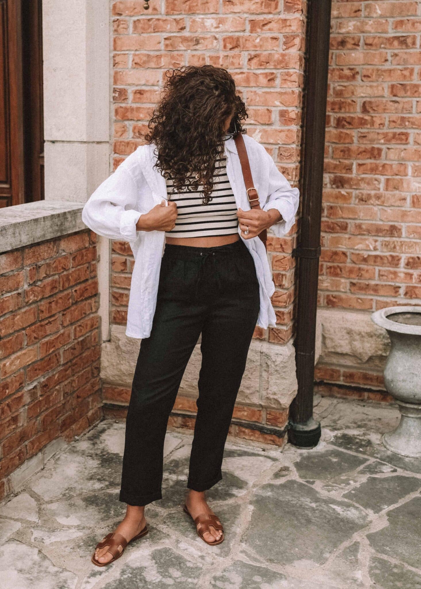 Linen Shirt Over Striped Crop Top with Linen Pants Linen Shirt Over Striped Crop Top with Linen Pants — Layering Outfits