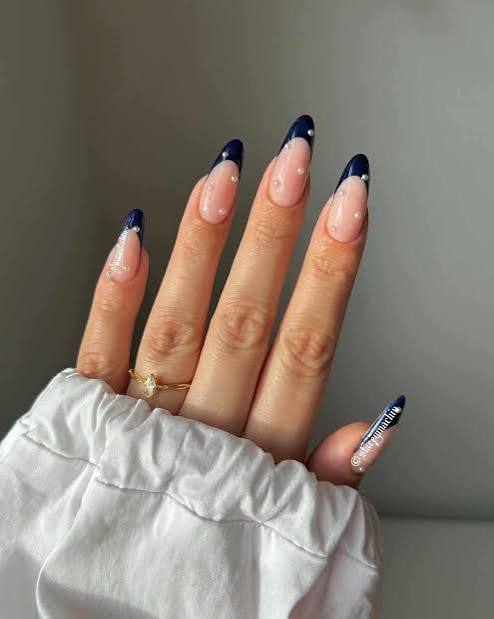 Deep Blue French Nails with Pearl Accents — Blue French Tip Nails