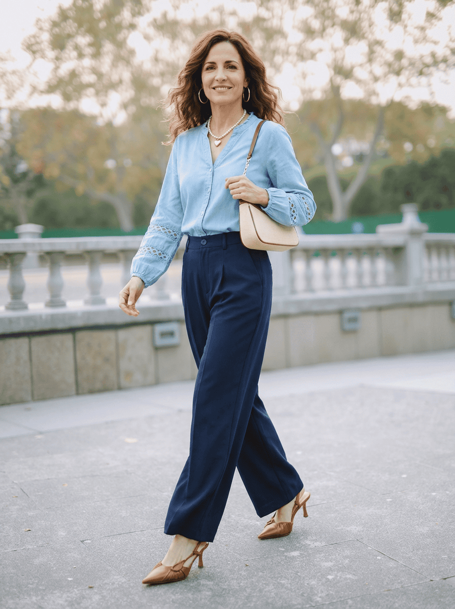 Chic Tailoring: Light Blue Lace Blouse with Wide-Leg Trousers Chic Tailoring: Light Blue Lace Blouse with Wide-Leg Trousers — Dressy Outfits