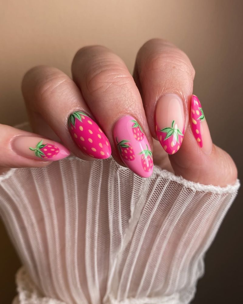 Vibrant Pink Strawberry Almond Nails — Strawberry Nails