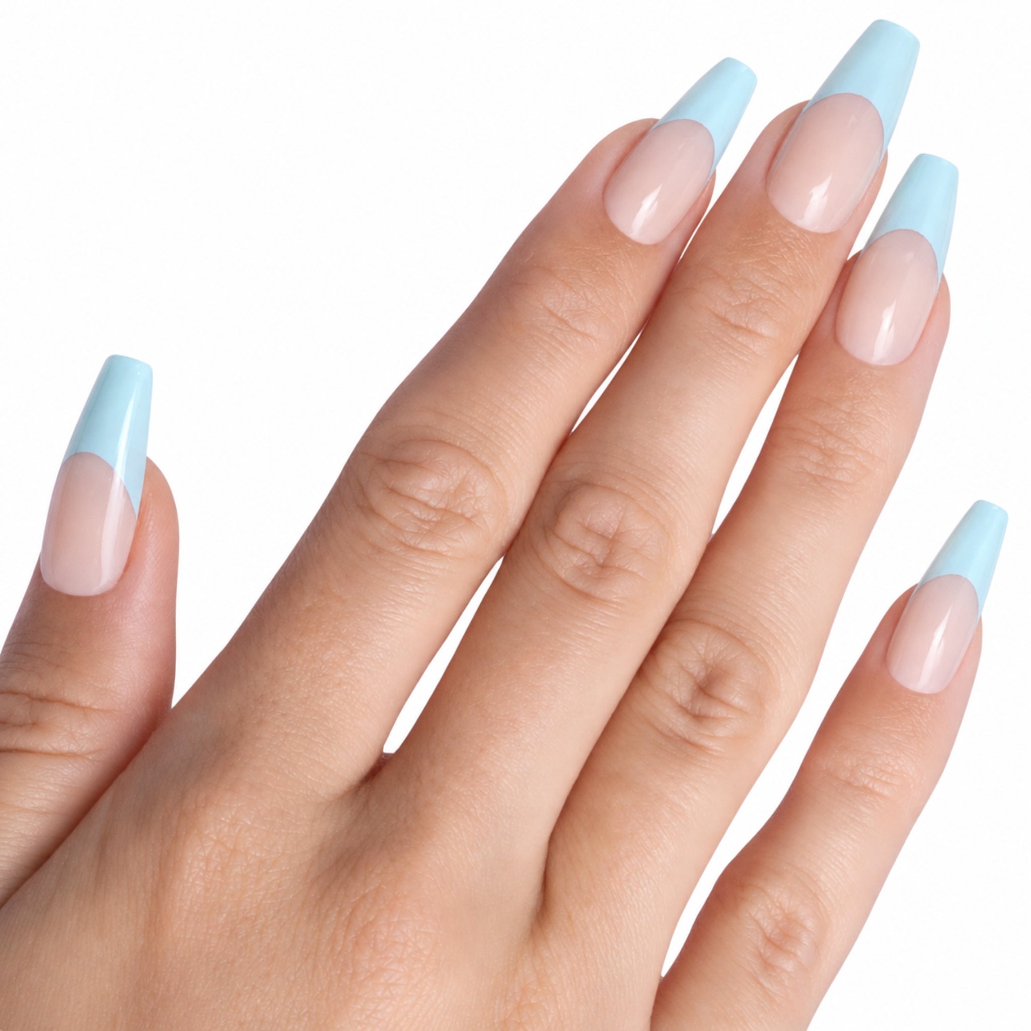 Sheer Nude Baby Blue French Coffin Nails — Press On Nails