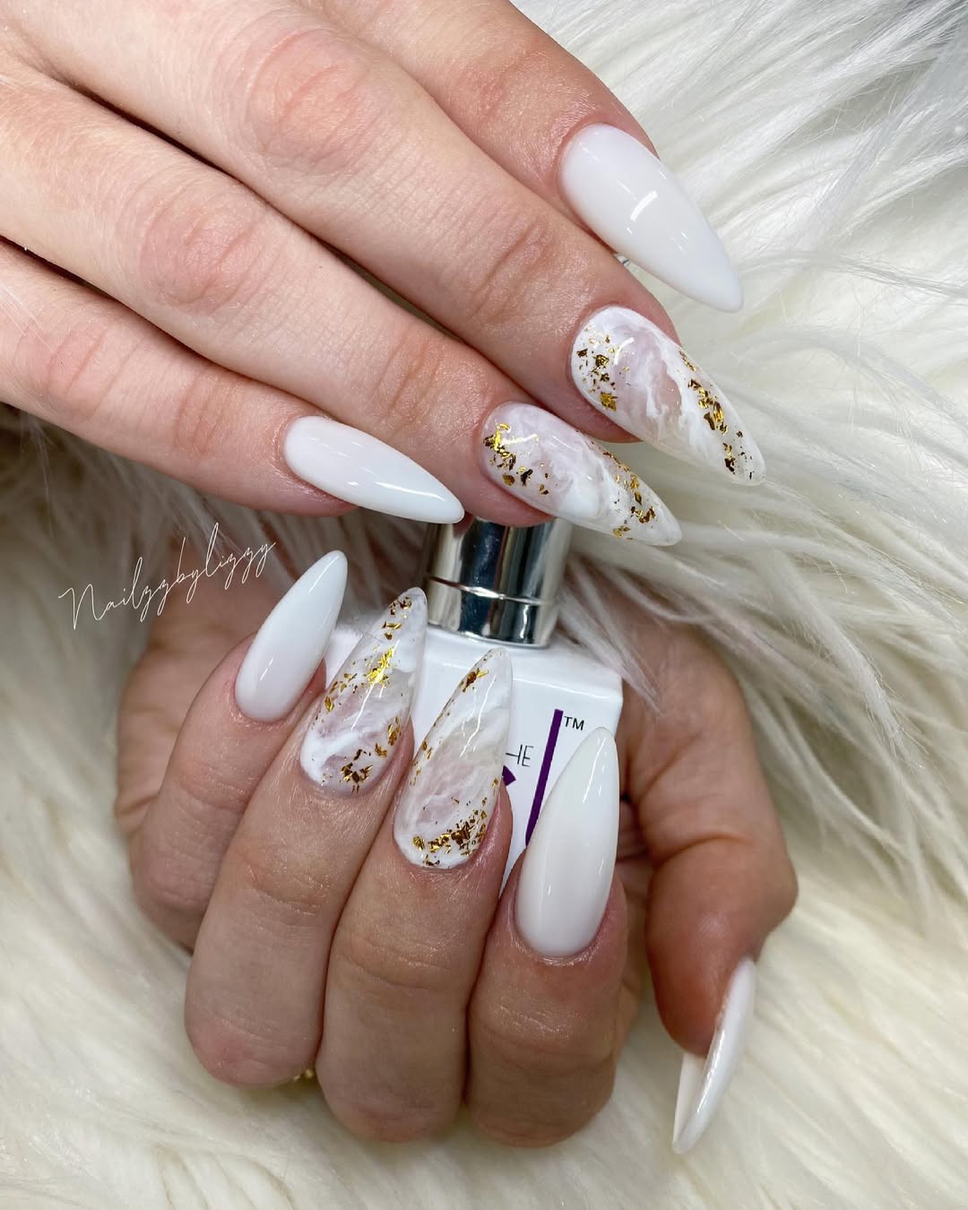 White Marble with Gold Foil Stilettos White Marble with Gold Foil Stilettos — Marble Nails