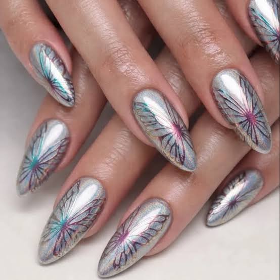 Iridescent Butterfly Chrome Almonds Iridescent Butterfly Chrome Almonds — Y2K Nails
