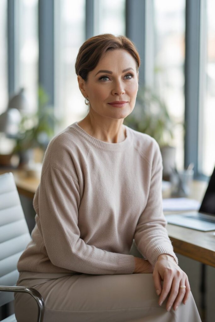 Neutral Knit Sweater Paired with a Cream Straight Skirt — Interview Outfits